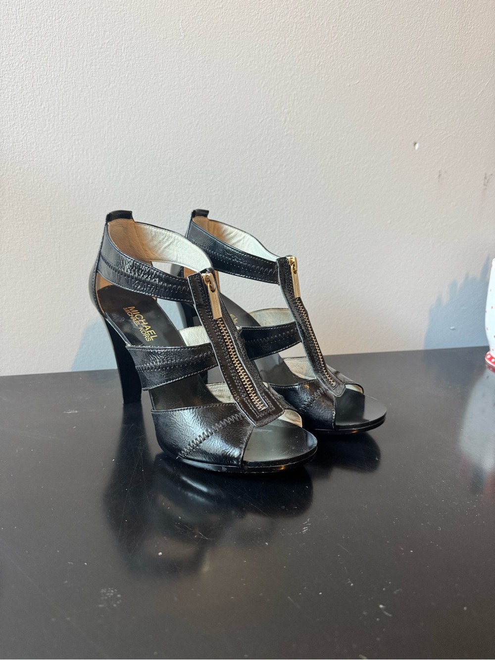 Michael Kors Black Leather T-Zip Peep-Toe Heels
